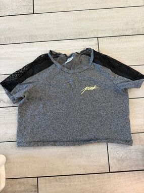 PINK Victoria's Secret Grey & Black Mesh Sleeve Crop Tee
